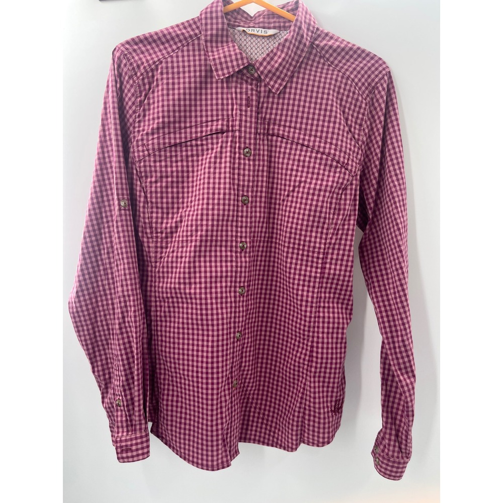 Orvis Womens Gingham Plaid Button Down Shirt Pink Purple Roll Tab Sleeve Size M